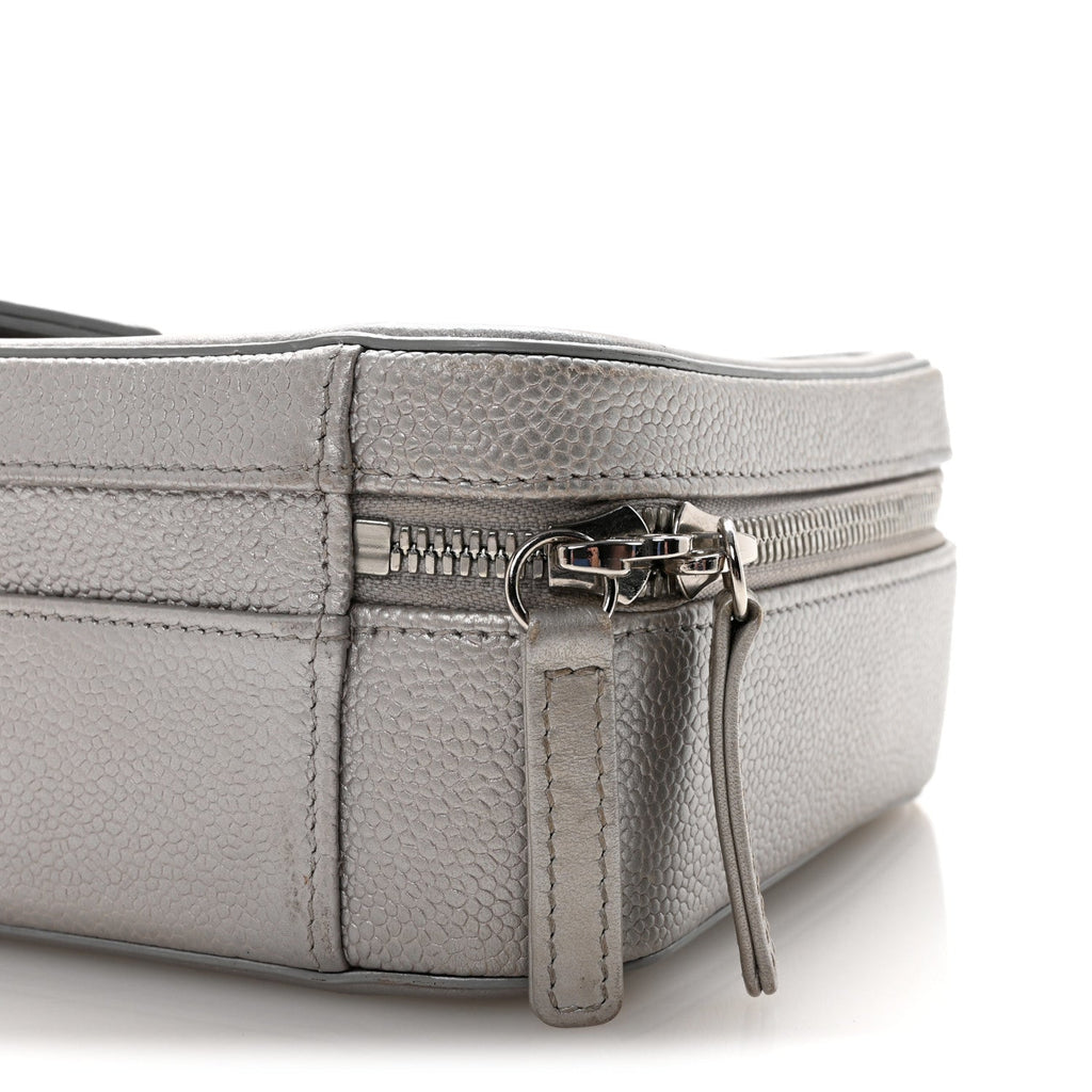 Metallic Caviar Quilted Medium CC Filigree Vanity Case Silver