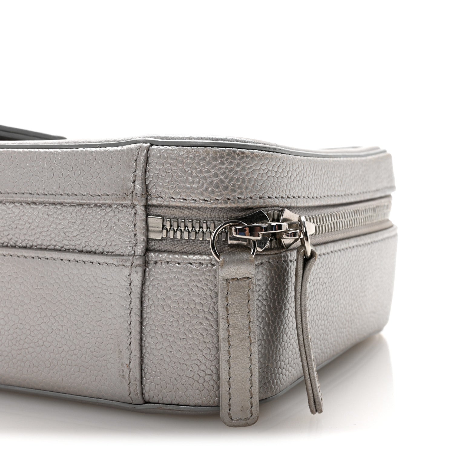 Metallic Caviar Quilted Medium CC Filigree Vanity Case Silver