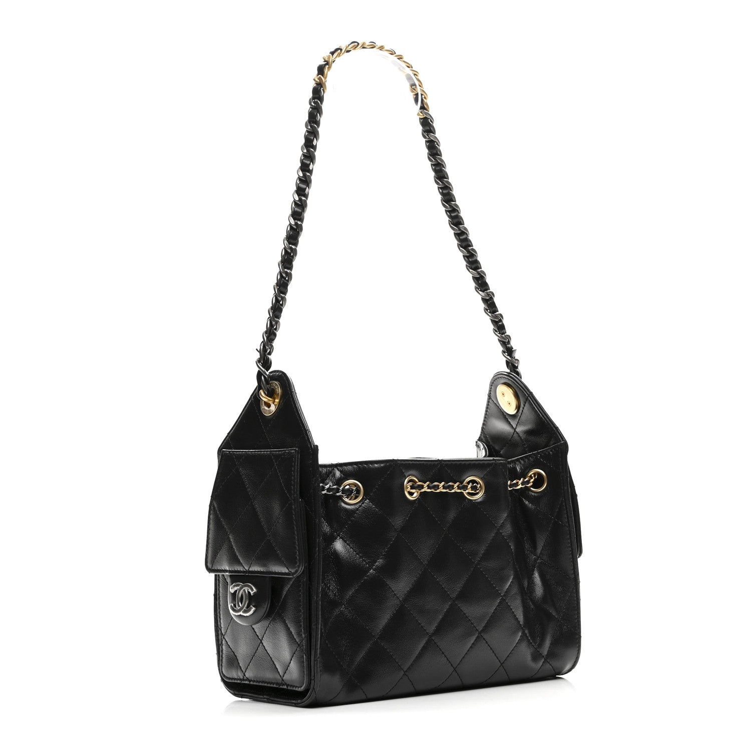 Shiny Crumpled Quilted Mini Chanel 25 Handbag Black