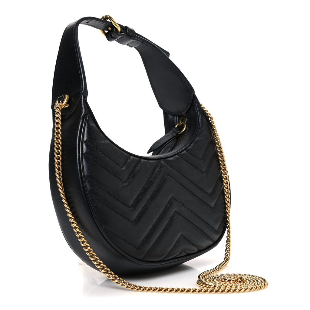 Calfskin Matelasse Chevron Mini GG Marmont Half Moon Hobo Black