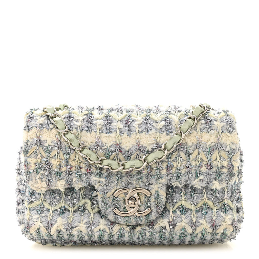 Tweed Quilted Mini Rectangular Flap Light Green Silver White