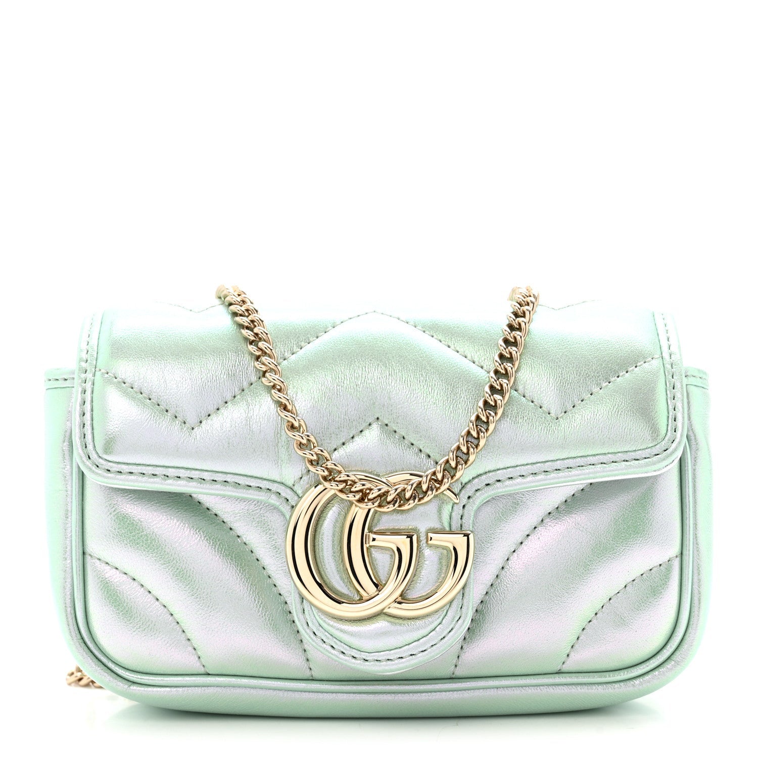 Iridescent Nappa Chevron Matelasse Super Mini GG Marmont Shoulder Bag Green Iridescent