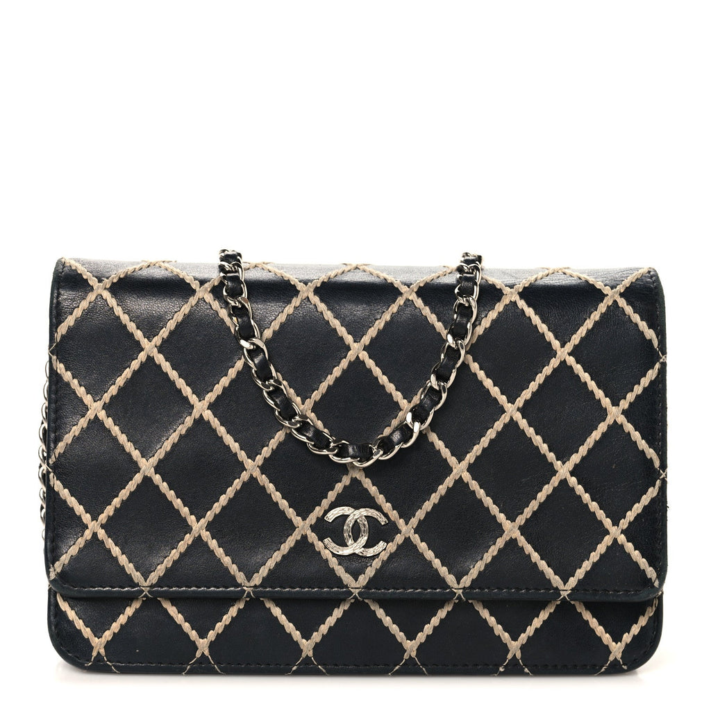 Calfskin Diamond Stitch Wallet On Chain WOC Black