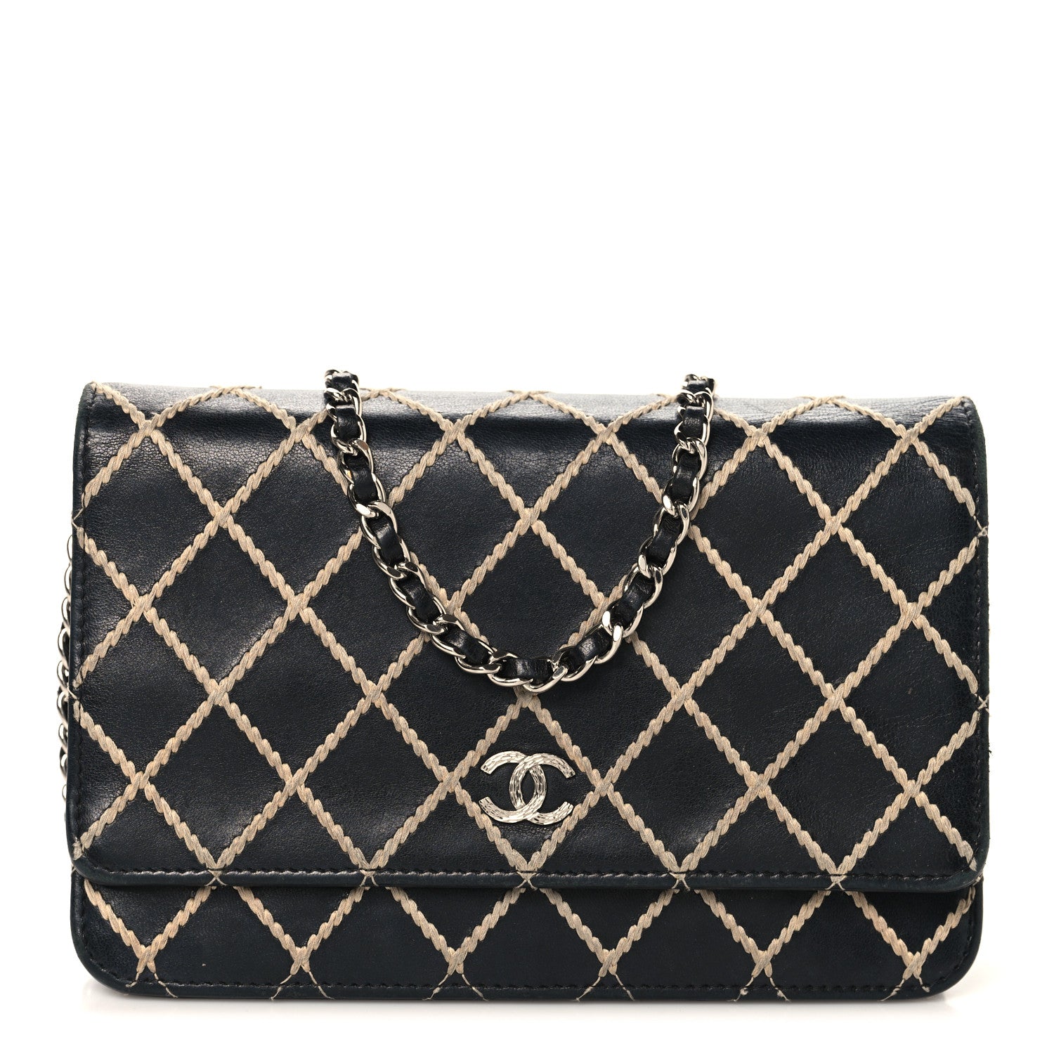 Calfskin Diamond Stitch Wallet On Chain WOC Black