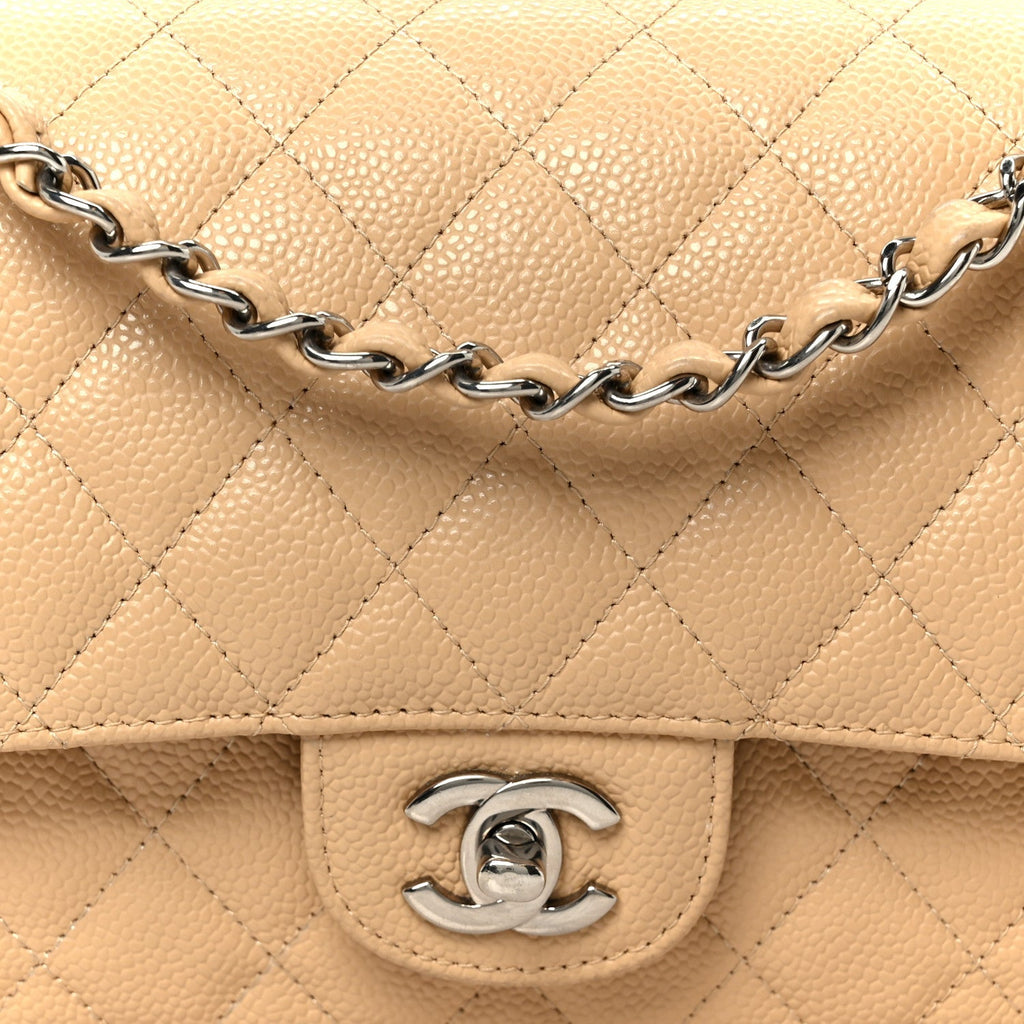 Caviar Quilted Medium Double Flap Beige