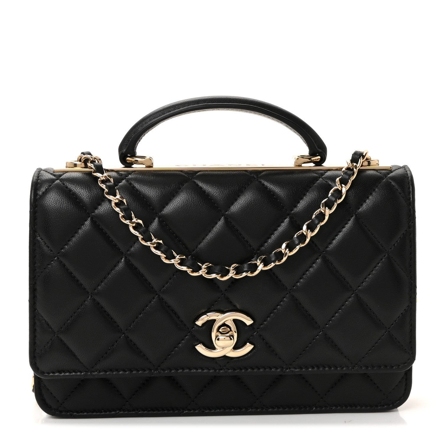Lambskin Quilted Top Handle Trendy CC Wallet On Chain WOC Black