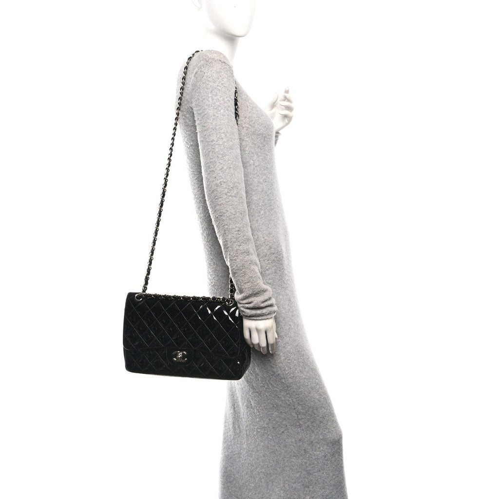 Patent Quilted Jumbo Double Flap Black
