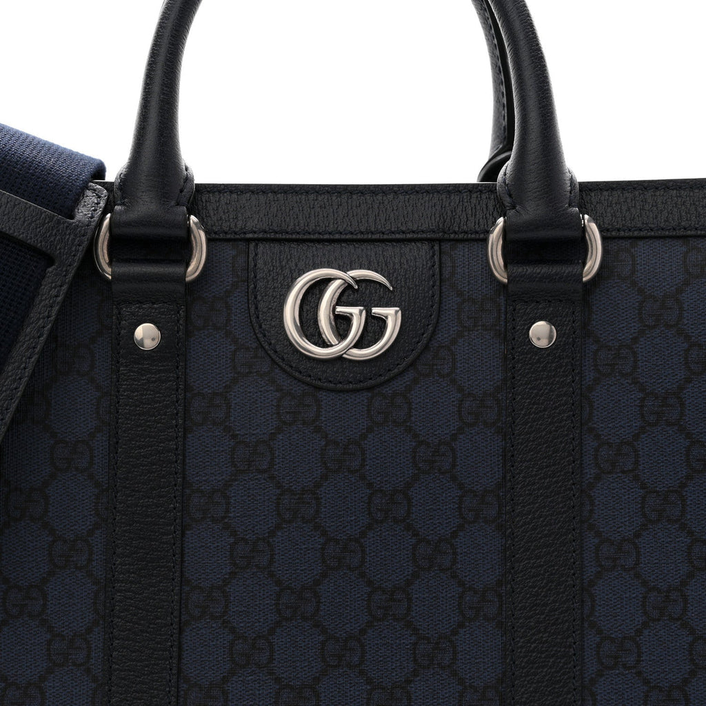 GG Supreme Monogram Textured Dollar Calfskin Large Ophidia Tote Bag Black Blue