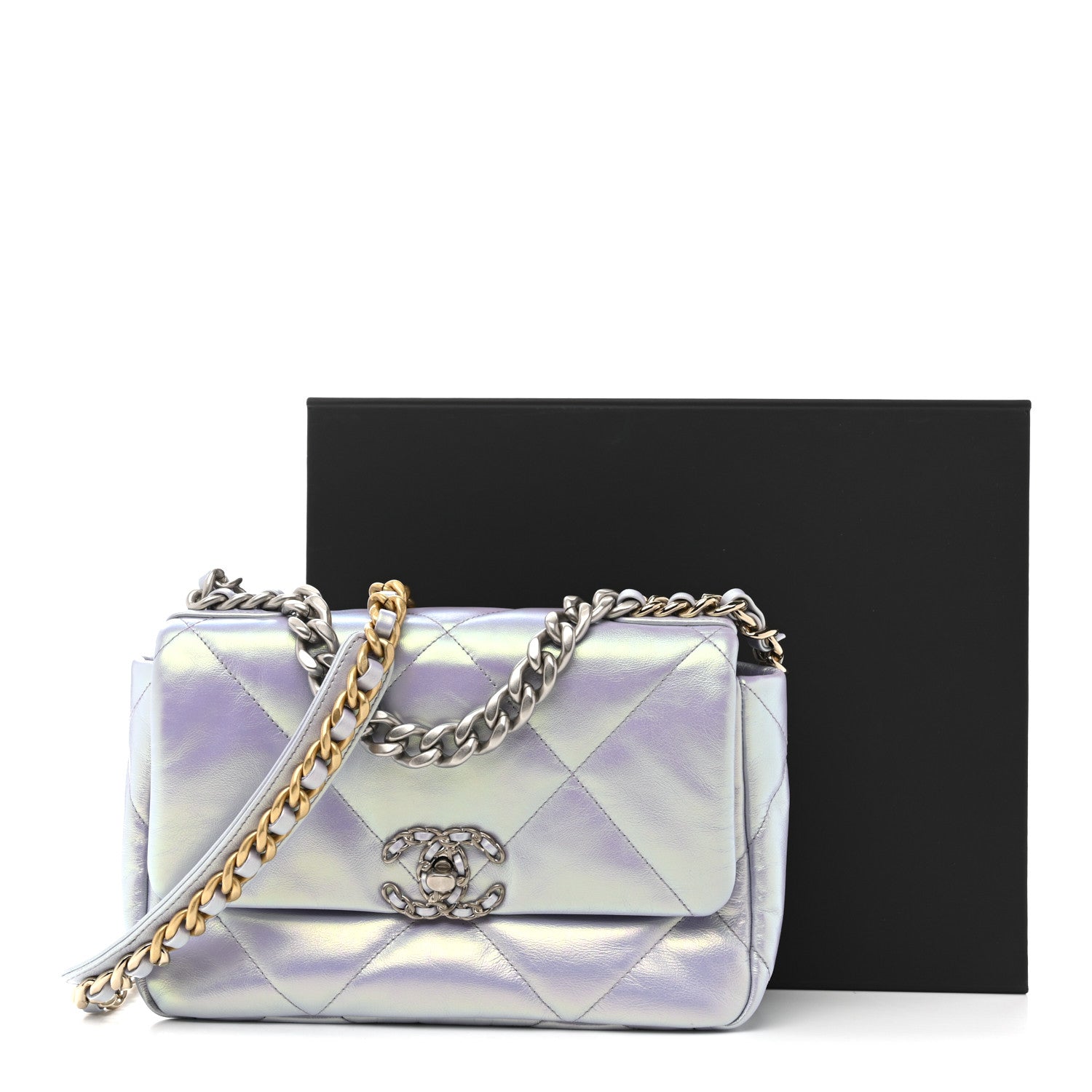 Iridescent Calfskin Quilted Medium Chanel 19 Flap Light Purple Blue