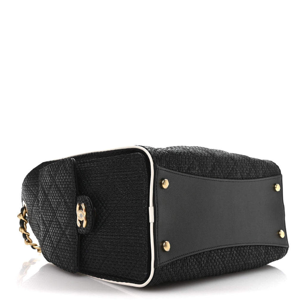 Braided Raffia Calfskin Small Chanel 25 Handbag Black White