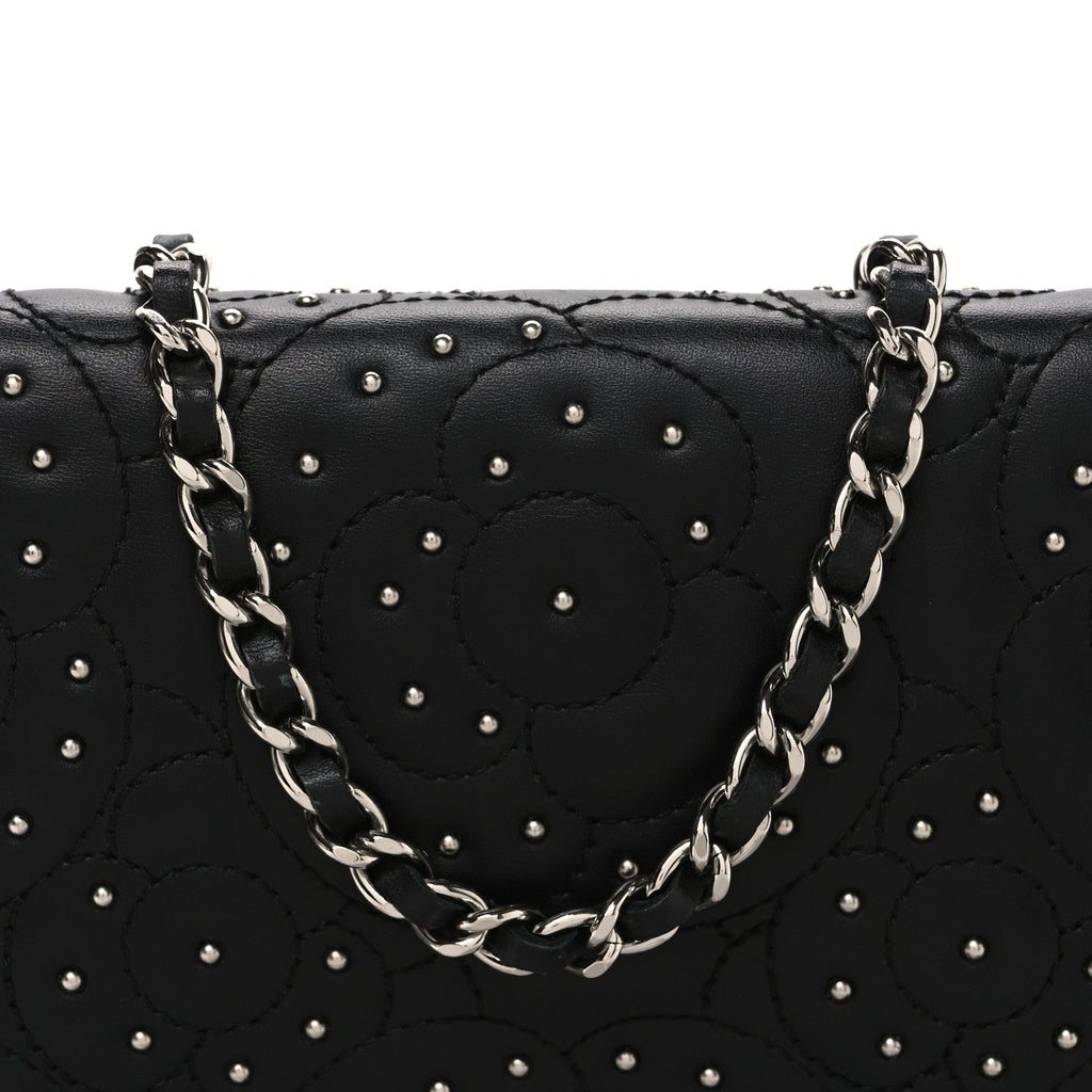 Lambskin Camellia Studded Wallet on Chain WOC Black