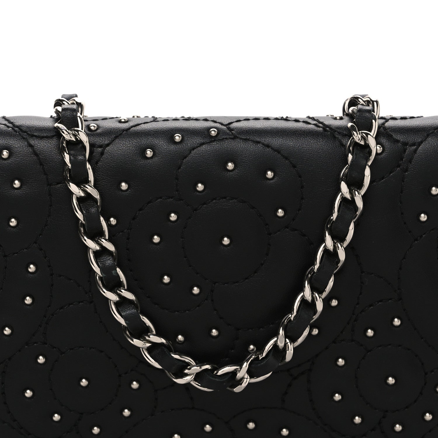 Lambskin Camellia Studded Wallet on Chain WOC Black