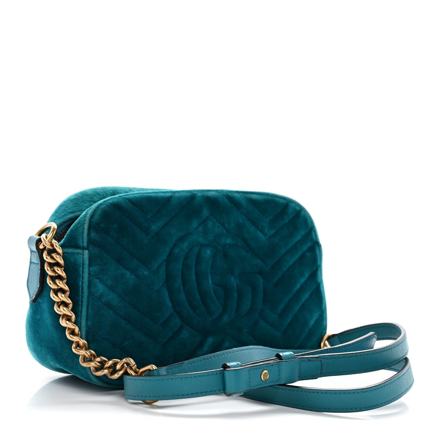 Velvet Matelasse Small GG Marmont Chain Shoulder Bag Pavone Cyan