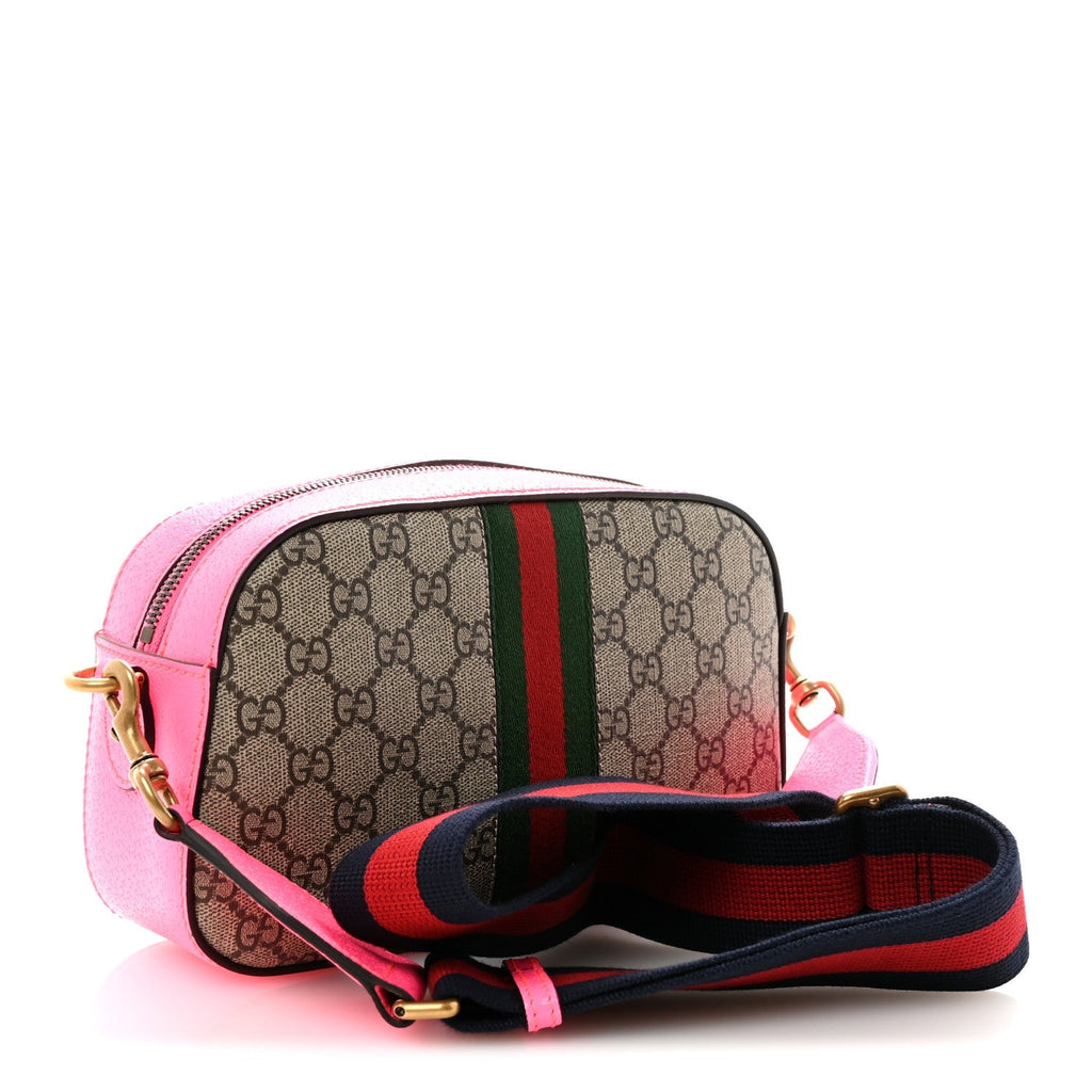 GG Supreme Monogram Textured Dollar Calfskin Web Ophidia Small Crossbody Bag Beige Ebony Fuchsia