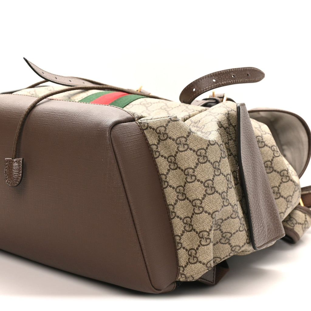 GG Supreme Monogram Medium Ophidia Double Buckle Backpack Brown