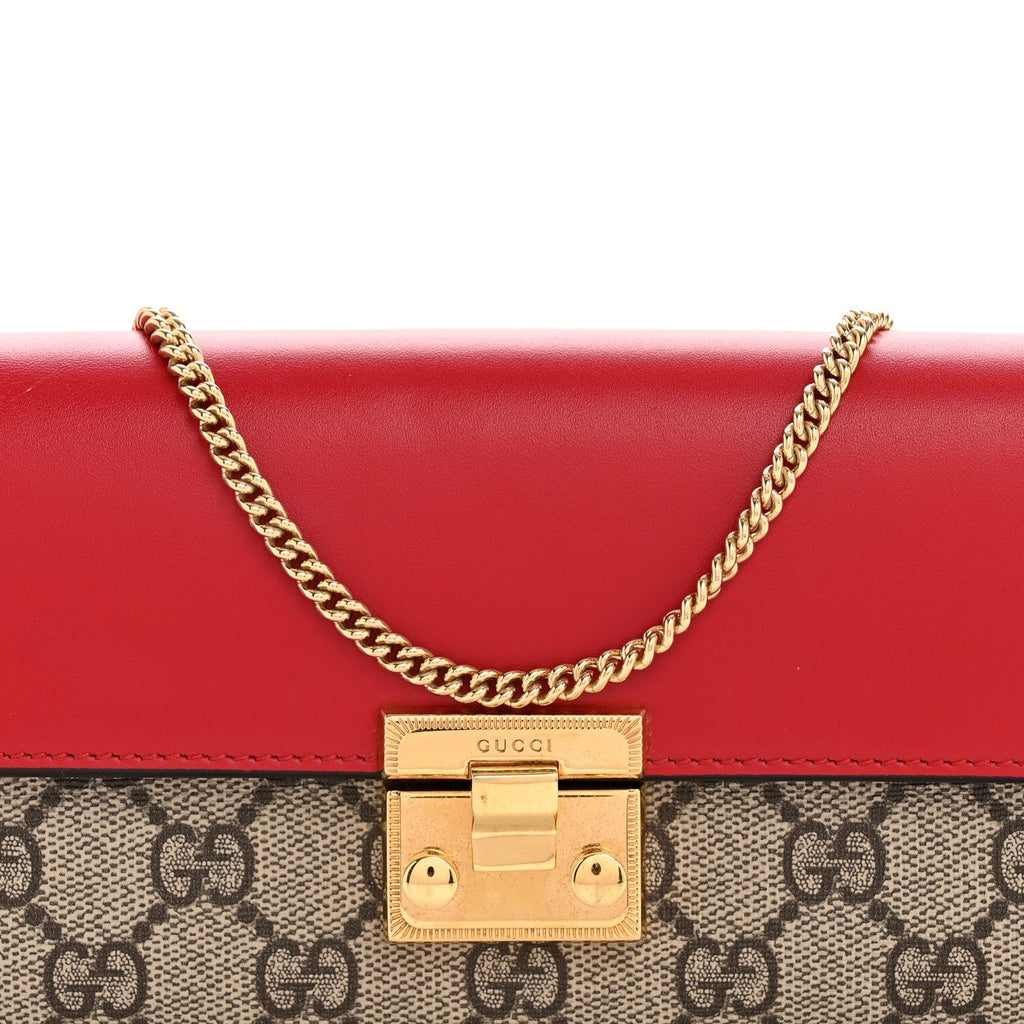 GG Supreme Monogram Moon Calfskin Padlock Continental Chain Wallet Beige Ebony Hibiscus Red New Rosette