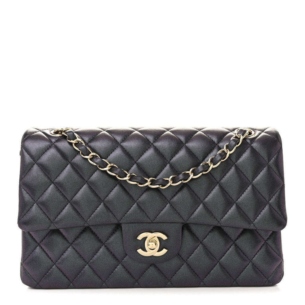 Iridescent Lambskin Quilted Medium Double Flap Black