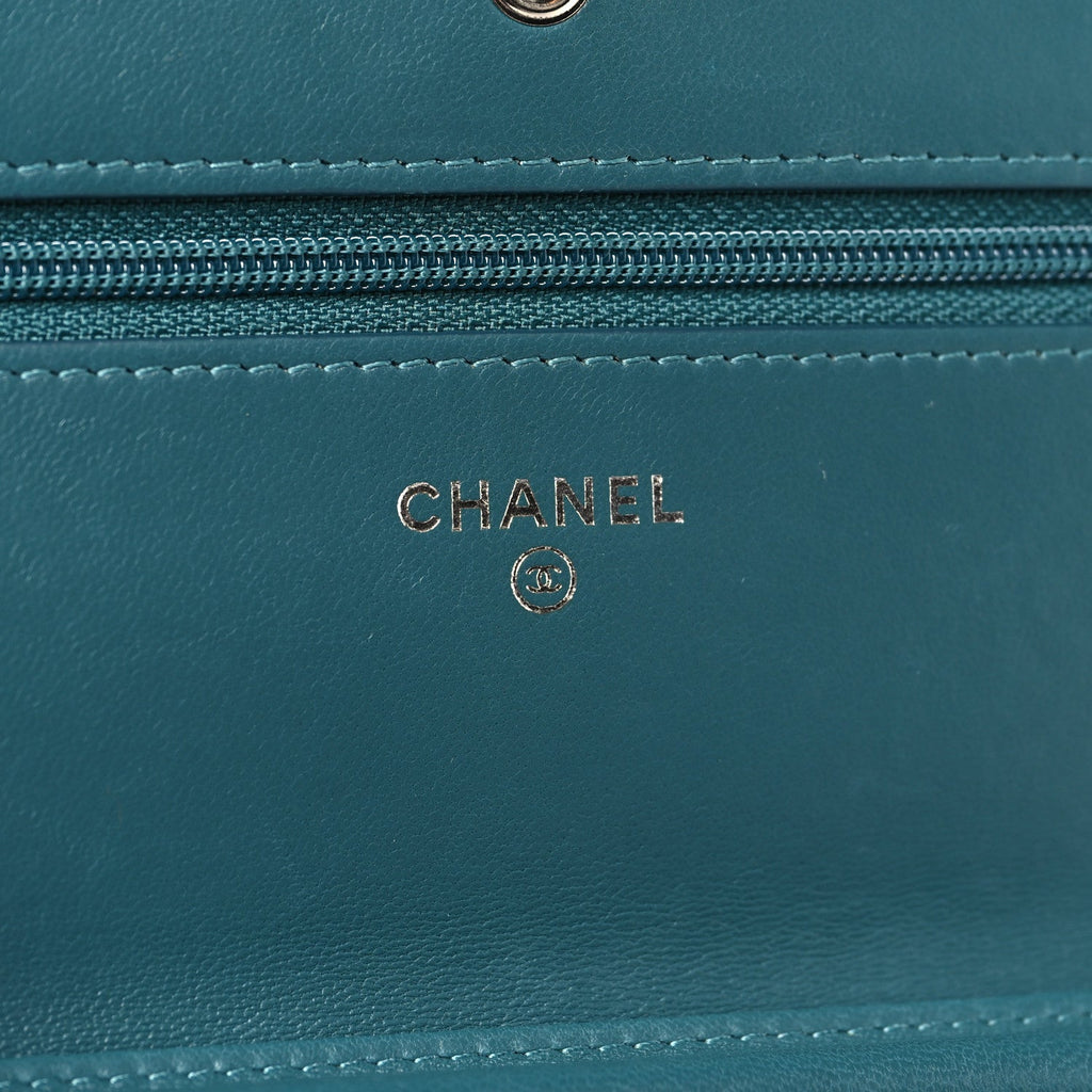 Lambskin Chevron Quilted Wallet On Chain WOC Turquoise