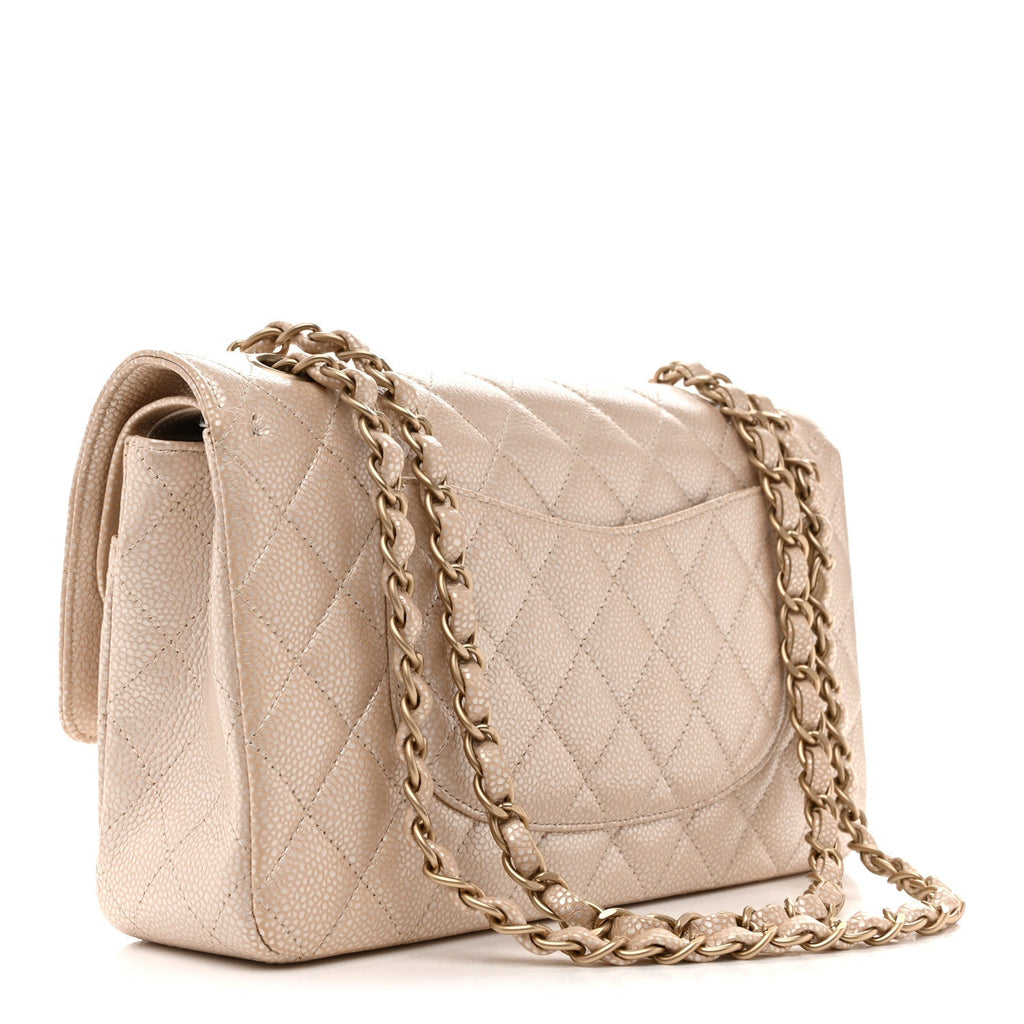 Pearly Caviar Quilted Medium Double Flap Light Beige