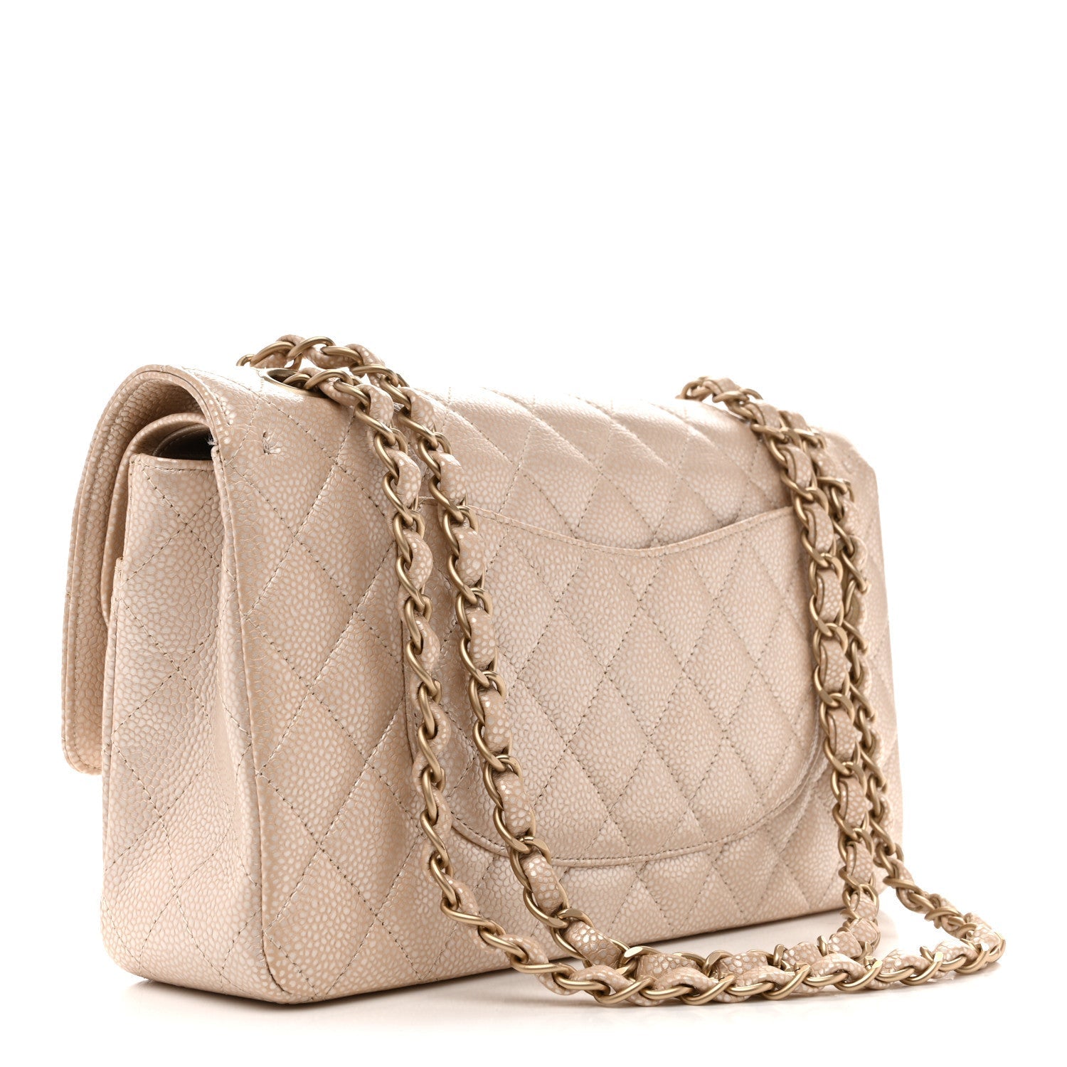 Pearly Caviar Quilted Medium Double Flap Light Beige