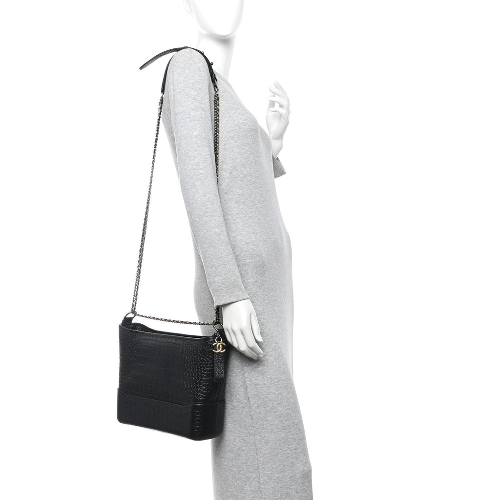 Crocodile Embossed Calfskin Medium Gabrielle Cocodile Hobo Black