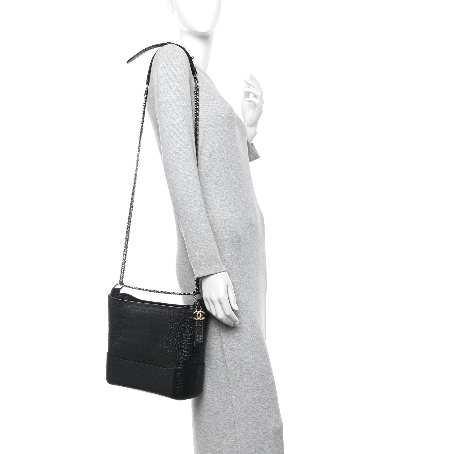 Crocodile Embossed Calfskin Medium Gabrielle Cocodile Hobo Black