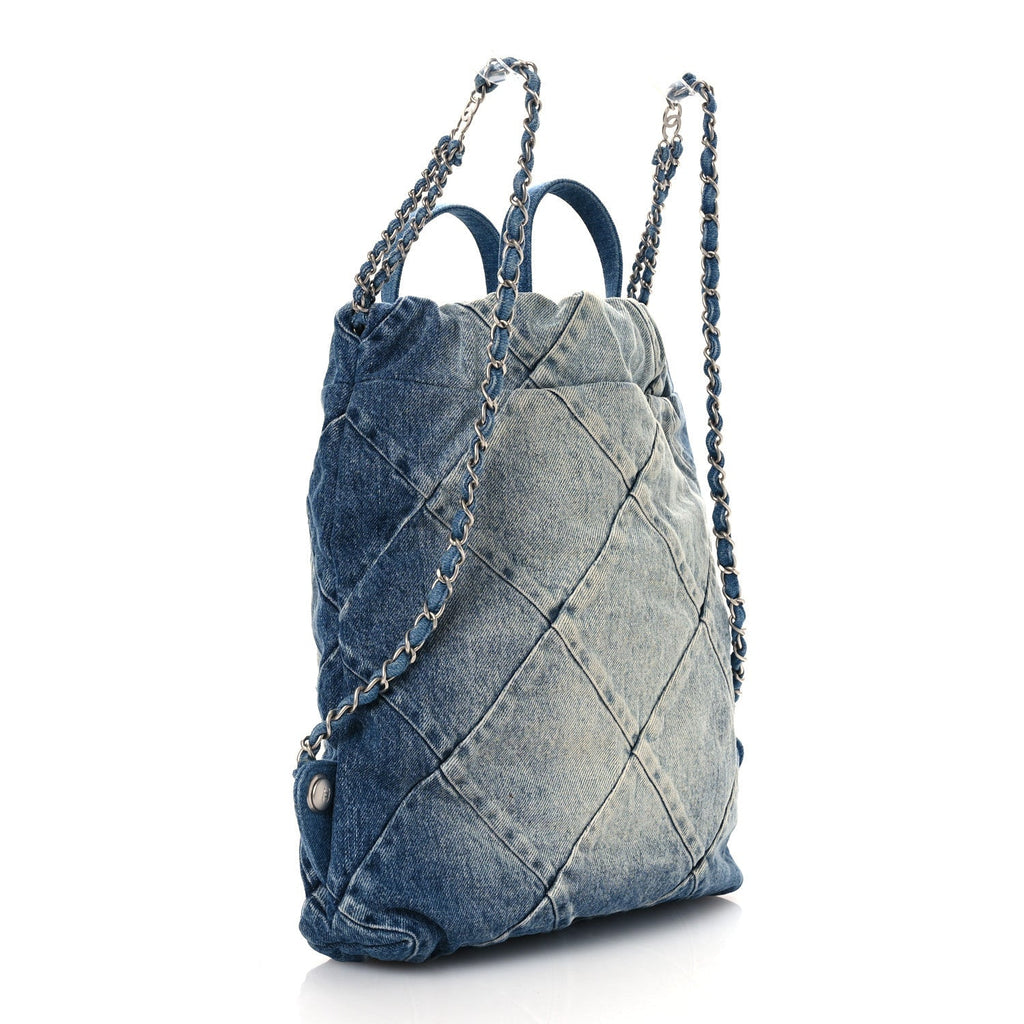 Denim Quilted Chanel 22 Backpack Blue