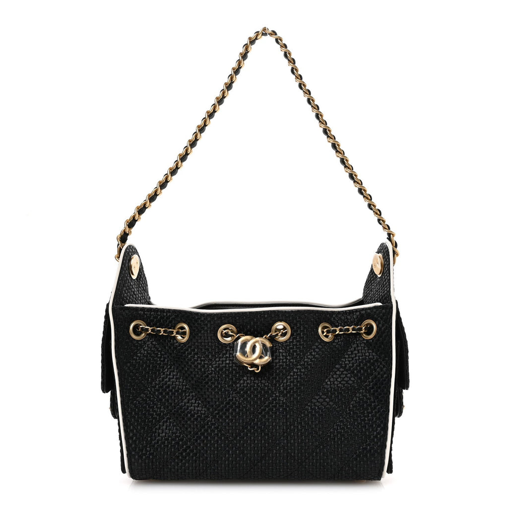 Braided Raffia Calfskin Quilted Mini Chanel 25 Handbag Black White