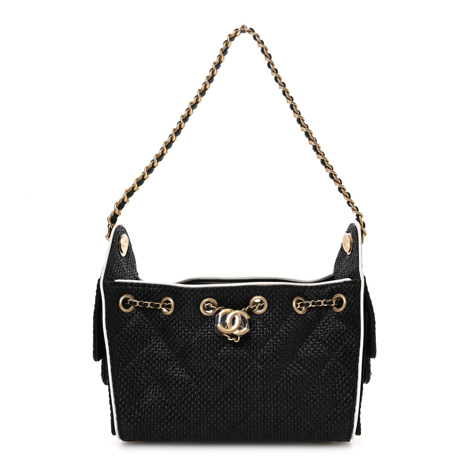 Braided Raffia Calfskin Quilted Mini Chanel 25 Handbag Black White