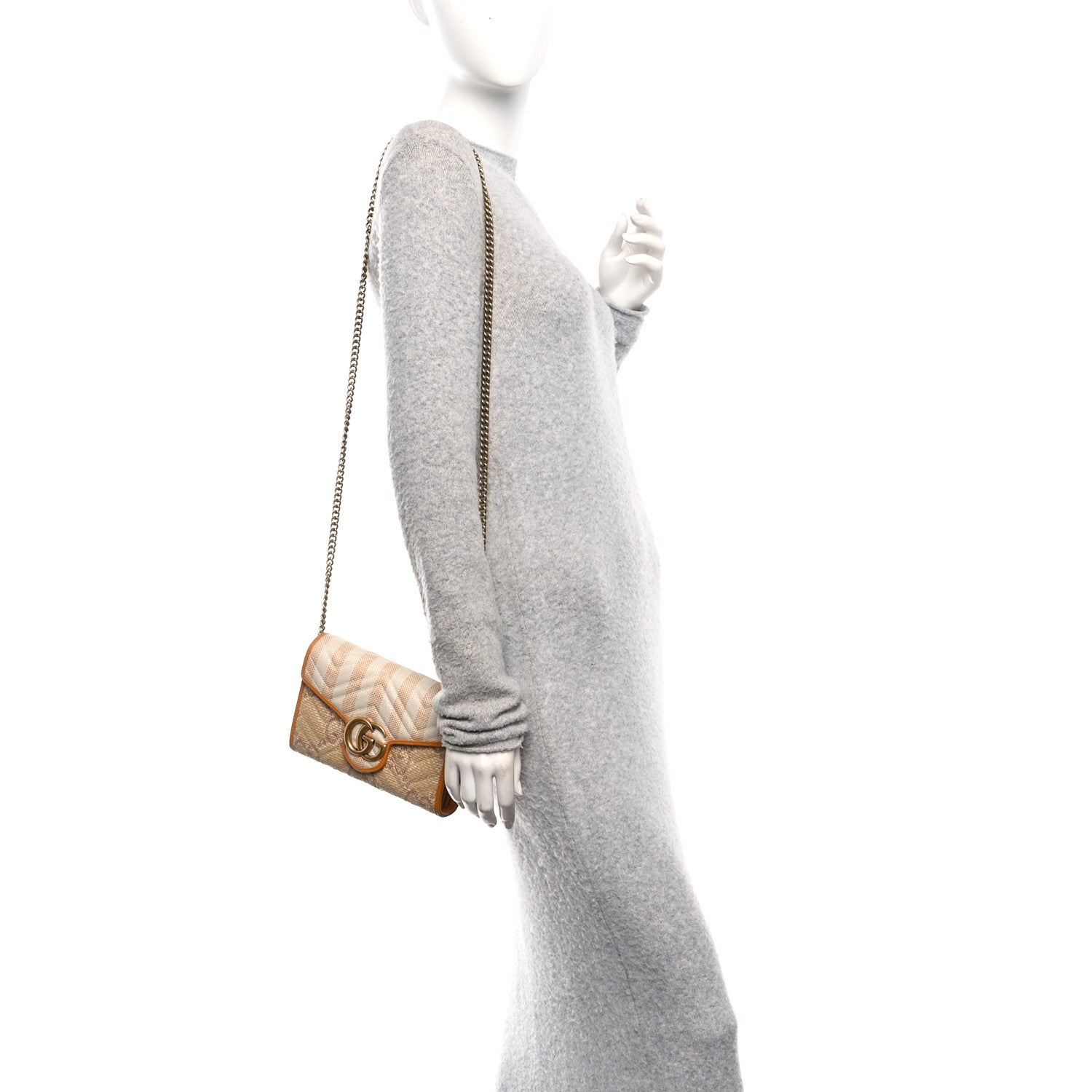Raffia GG Monogram Matelasse GG Marmont Chain Wallet Natural Beige Off White Sun Oil