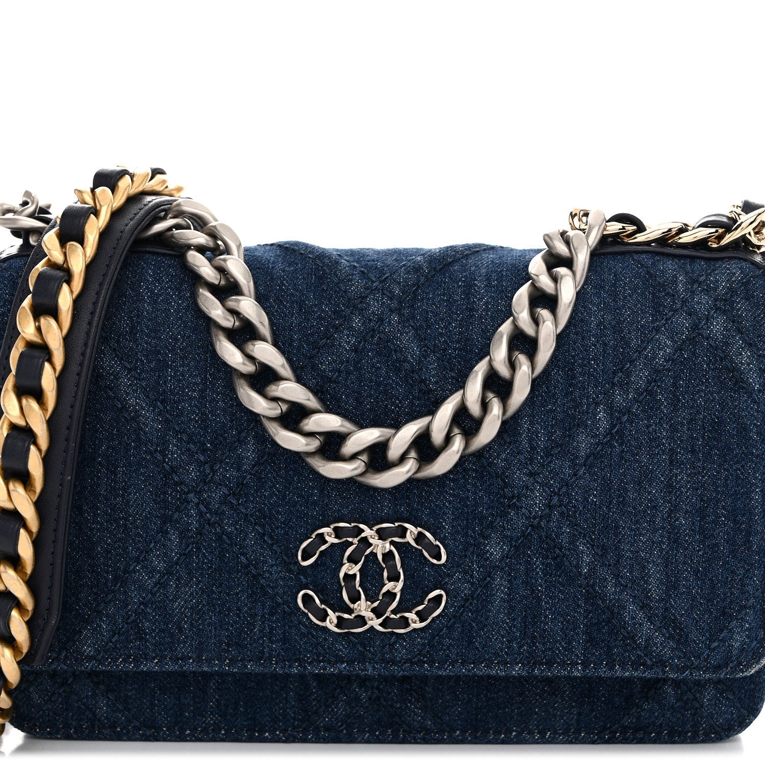 Denim Quilted Chanel 19 Wallet On Chain WOC Blue
