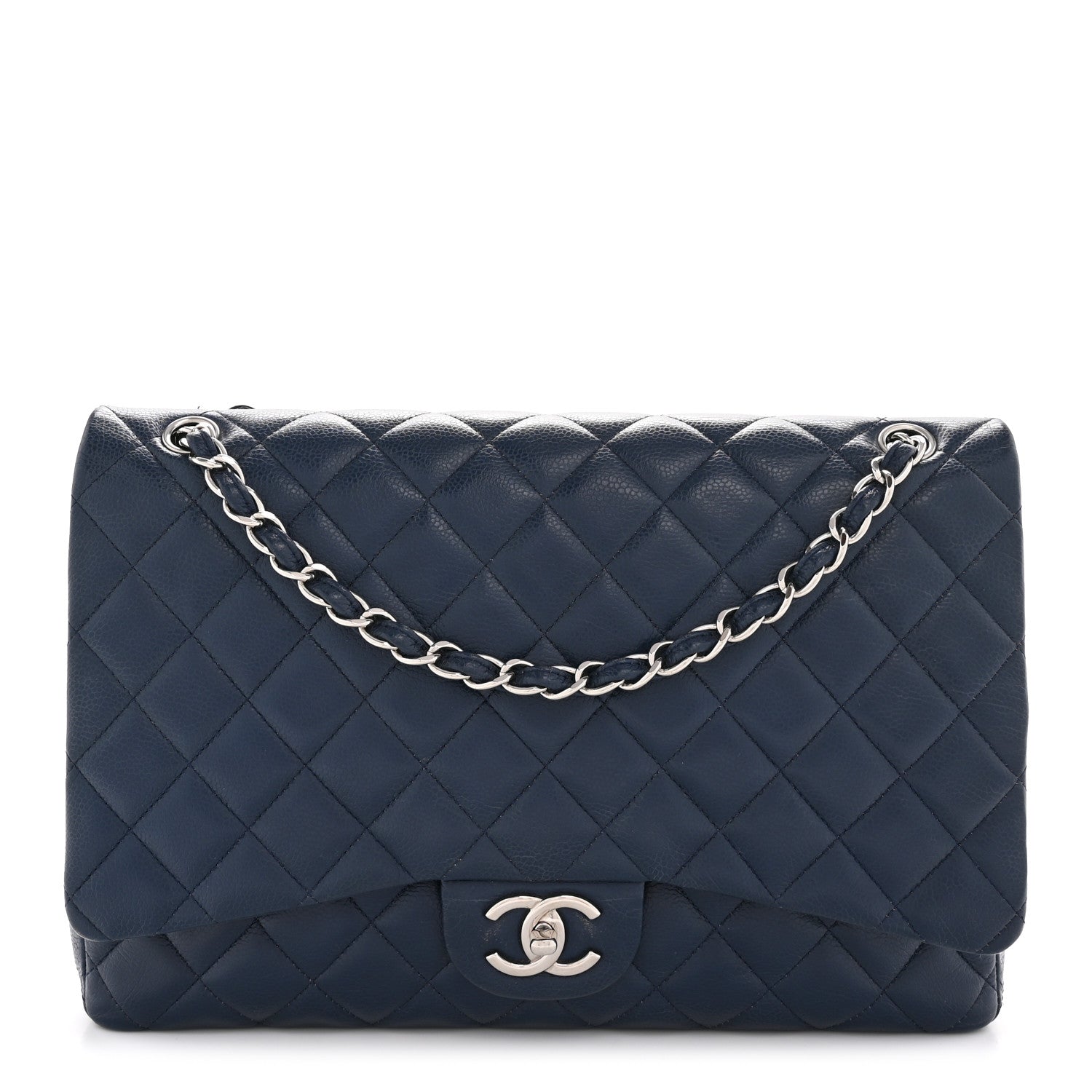 Caviar Quilted Maxi Double Flap Navy Blue