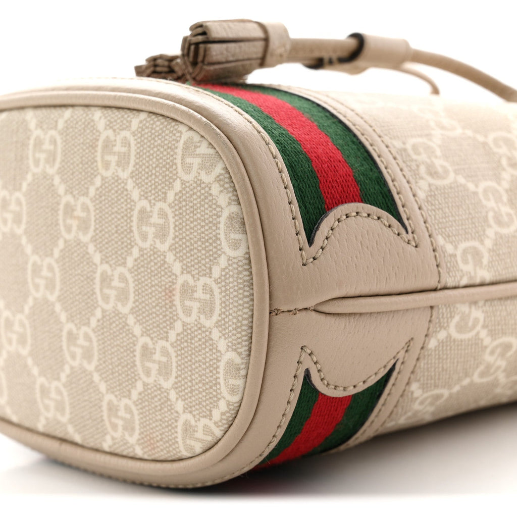 GG Supreme Monogram Textured Calfskin Web Mini Ophidia Bucket Bag Beige Ebony Mystic White Oatmeal