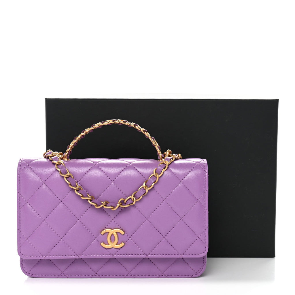 Lambskin Quilted Pick Me Up Wallet On Chain WOC Purple