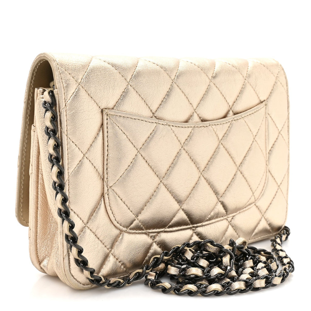 Metallic Lambskin Quilted Wallet On Chain WOC Gold Black