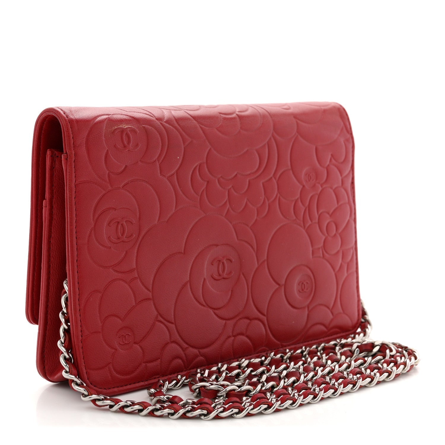 Lambskin Camellia Embossed Wallet On Chain WOC Red