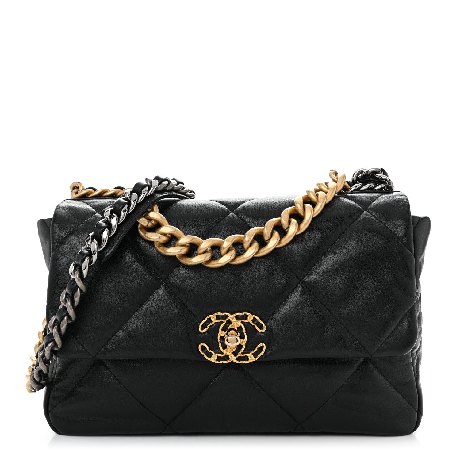 Shiny Goatskin Quilted Large Chanel 19 Flap Black