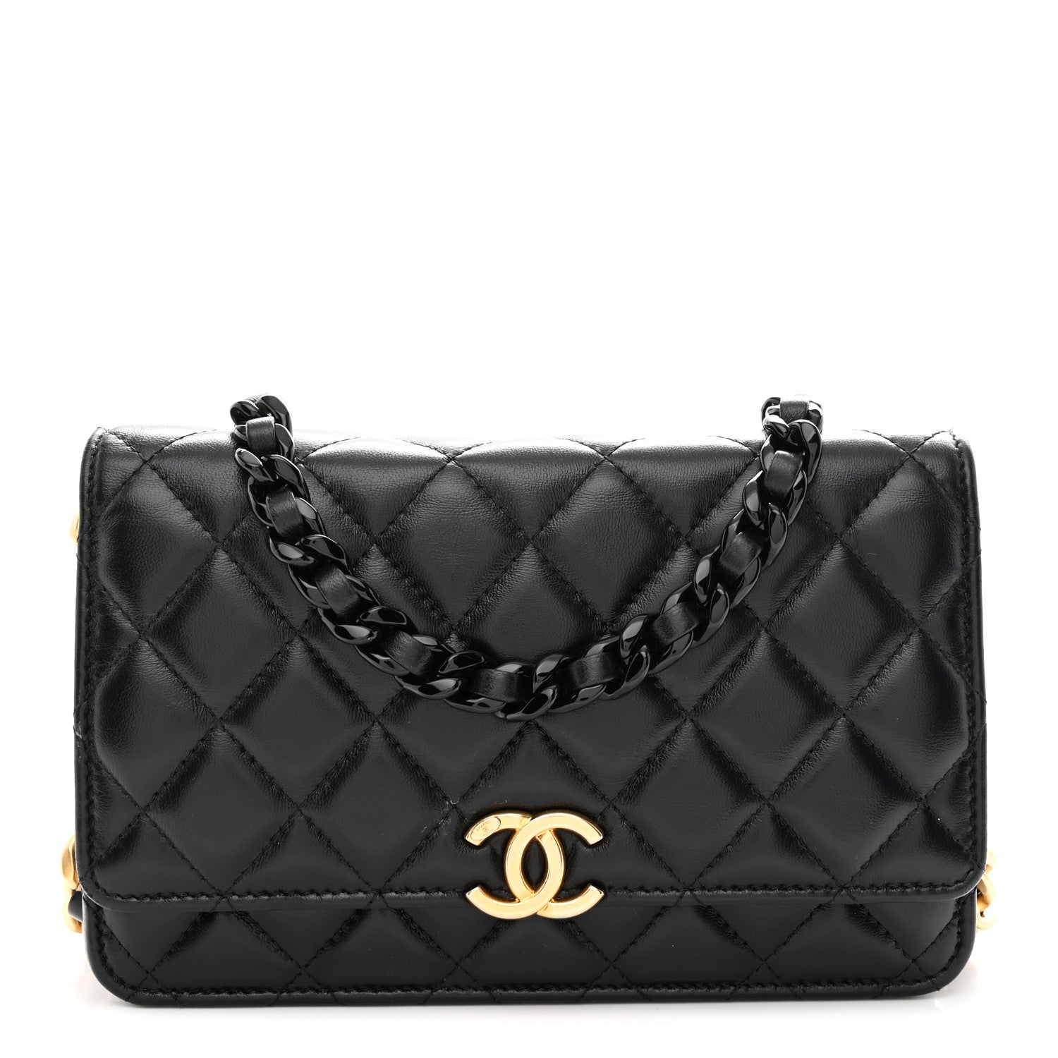 Lambskin Resin Quilted Wallet On Chain WOC Black