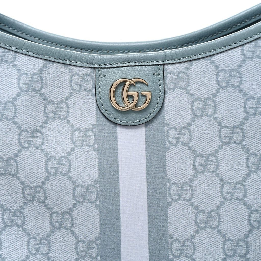 GG Supreme Monogram Textured Dollar Calfskin Web Small Ophidia Bucket Shoulder Bag Dusty Blue