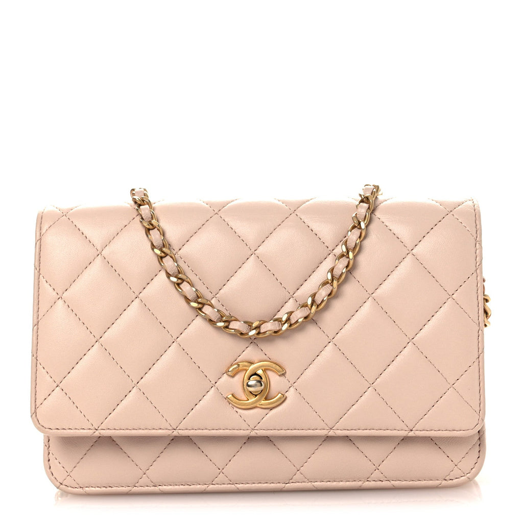 Lambskin Quilted CC Pearl Crush Wallet on Chain WOC Light Pink
