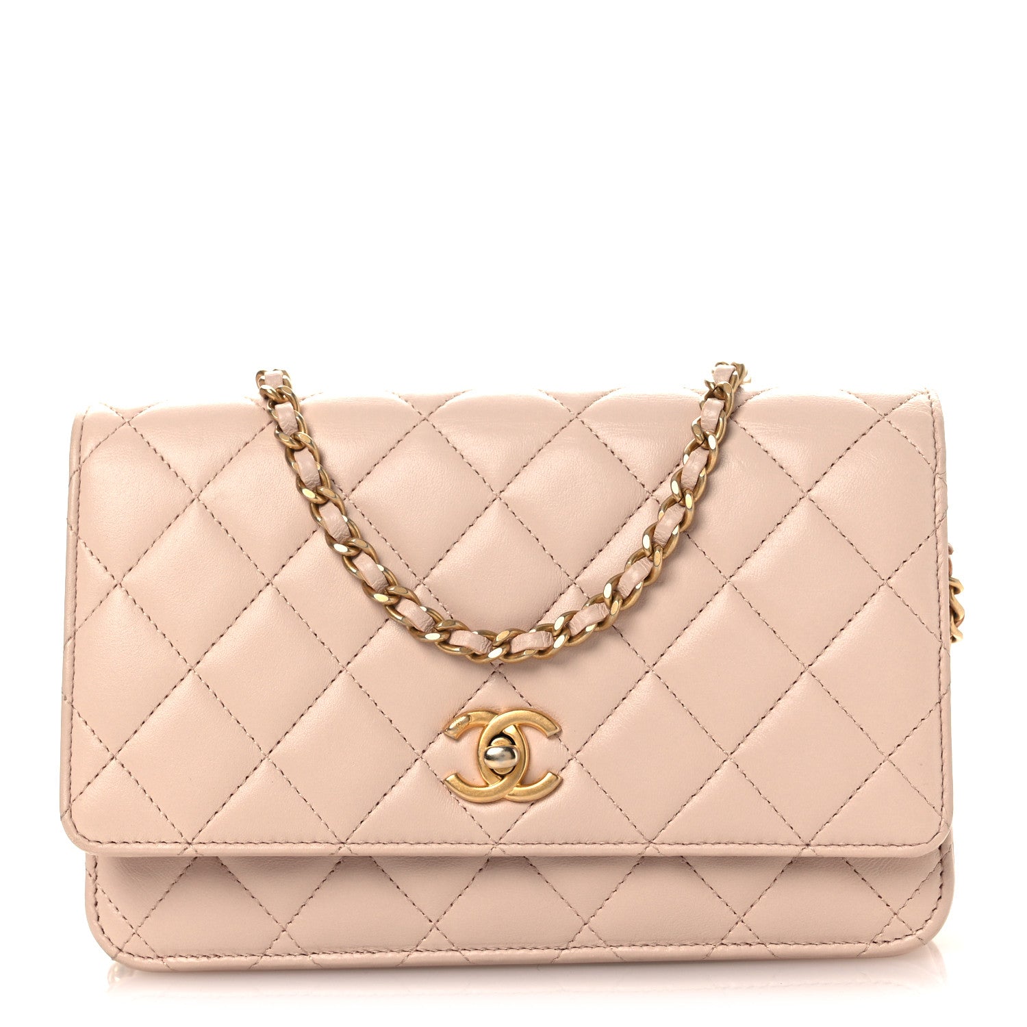 Lambskin Quilted CC Pearl Crush Wallet on Chain WOC Light Pink