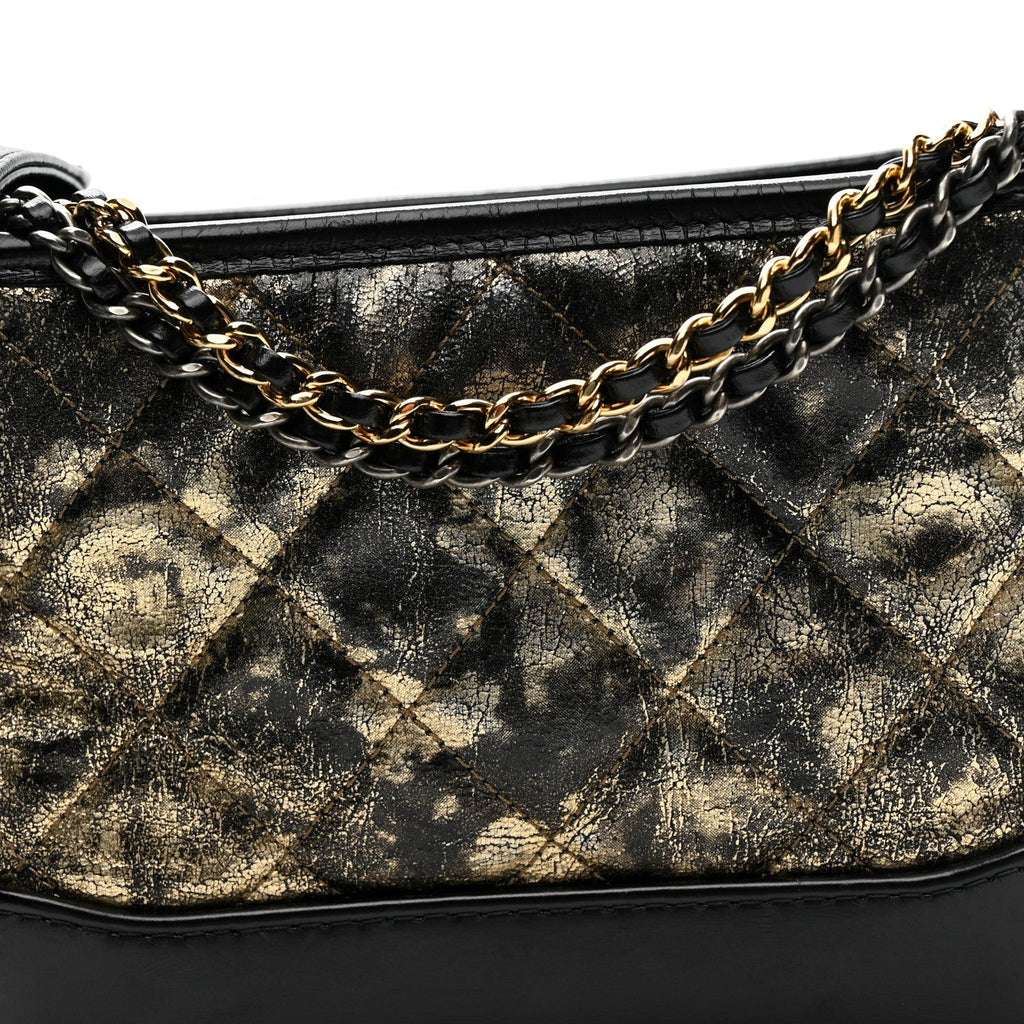 Metallic Crumpled Goatskin Quilted Small Gabrielle Hobo Black Gold