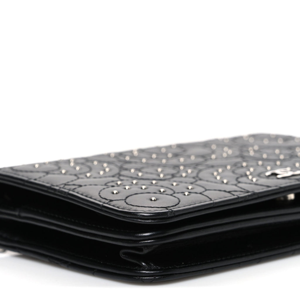 Lambskin Camellia Studded Wallet on Chain WOC Black