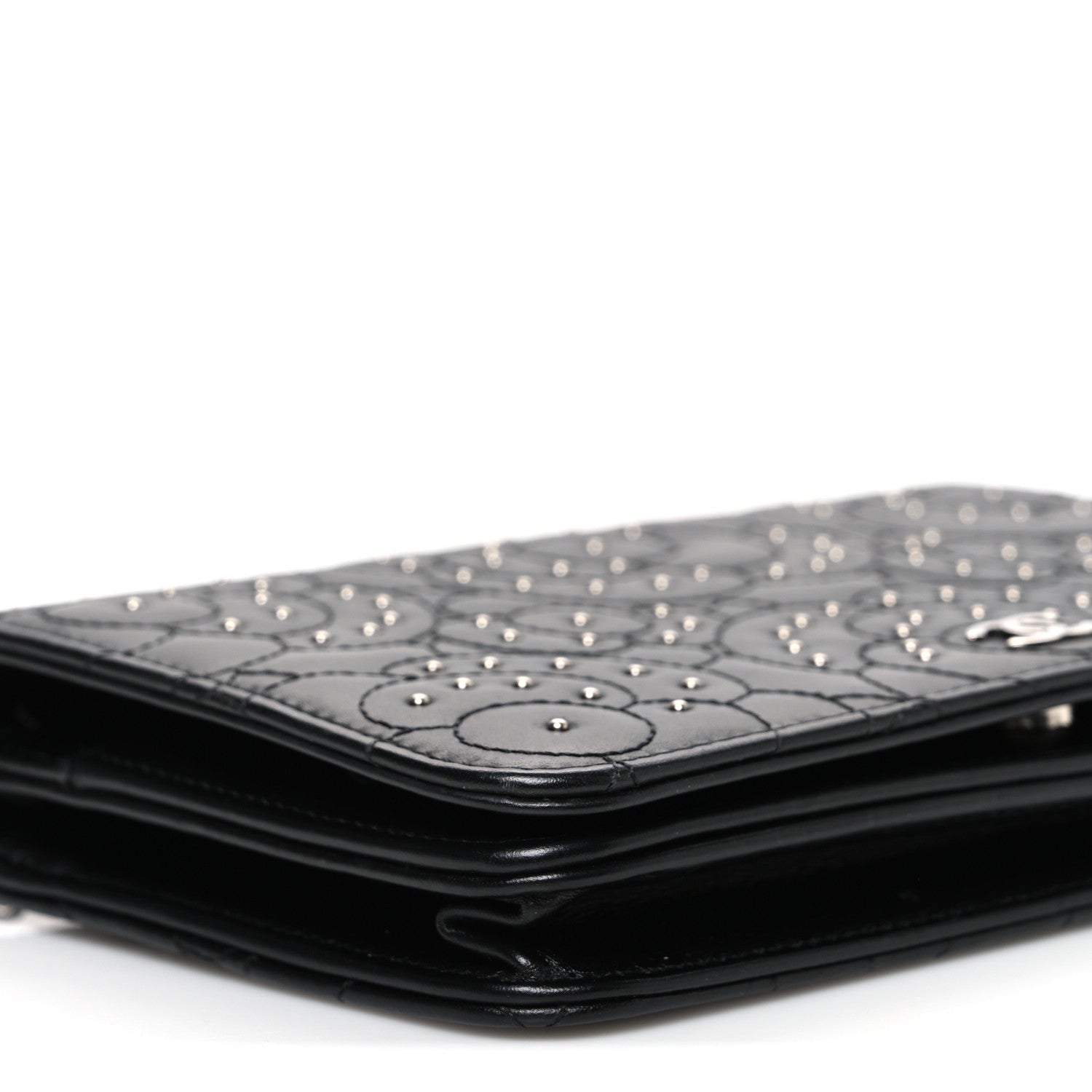 Lambskin Camellia Studded Wallet on Chain WOC Black