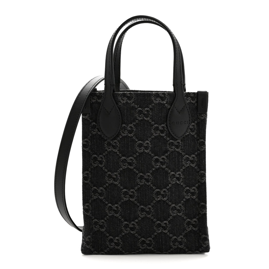 Denim Cuoio Harness GG Monogram Mini Ophidia Tote Bag Black Medium Grey