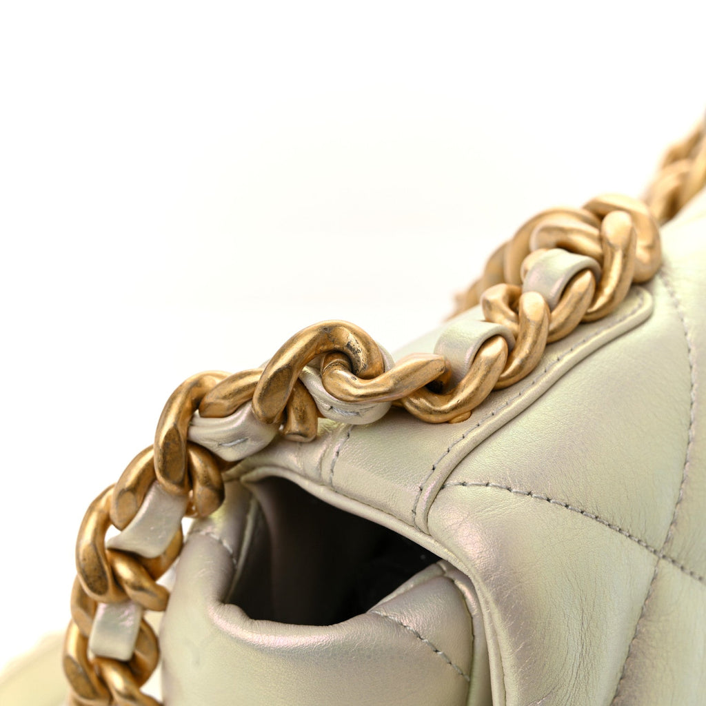 Iridescent Calfskin Quilted Large Chanel 19 Flap White