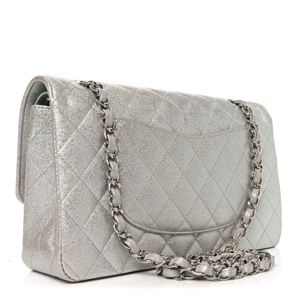 Glittered Metallic Caviar Quilted Medium Double Flap Silver