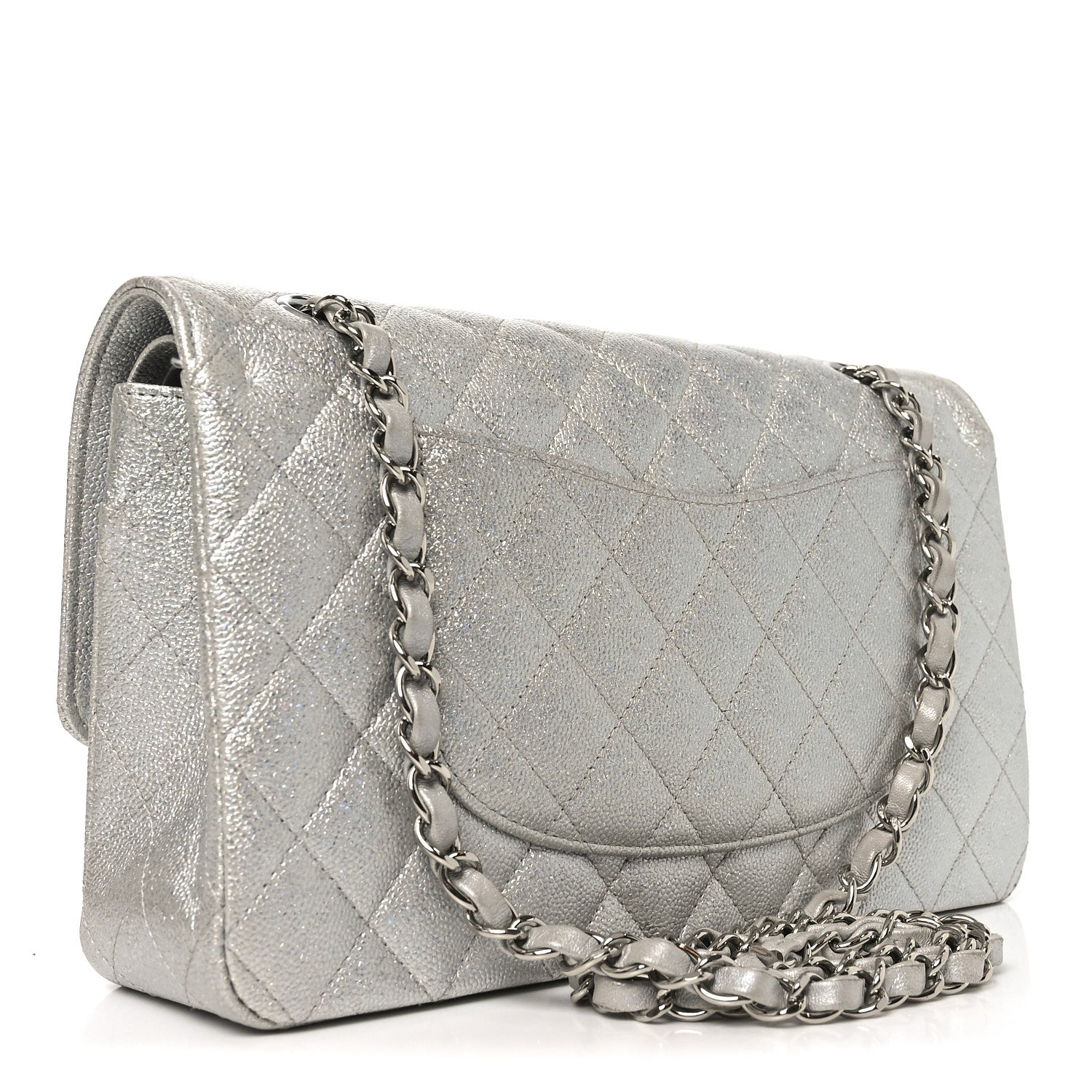 Glittered Metallic Caviar Quilted Medium Double Flap Silver