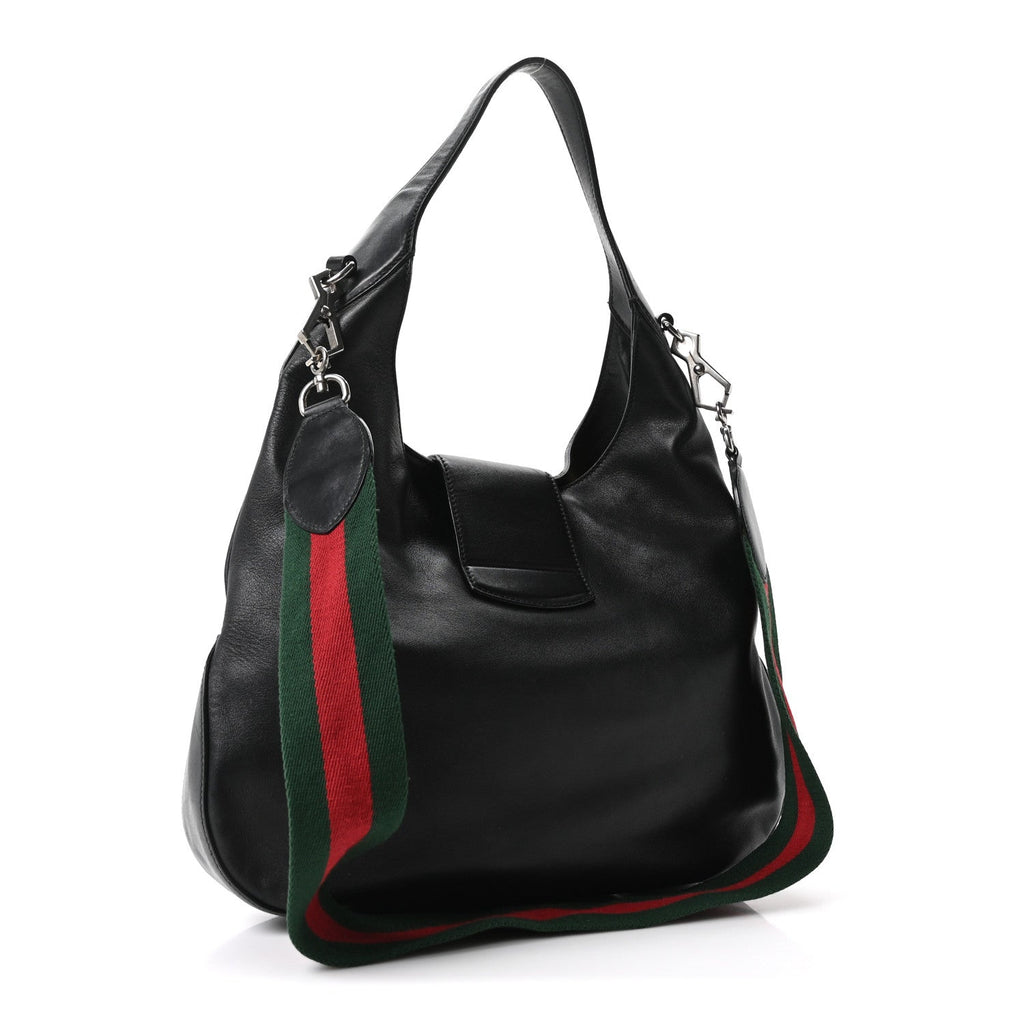 Calfskin Web Stripe Medium Dionysus Hobo Black