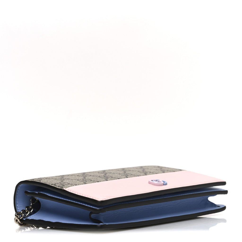 GG Supreme Monogram Textured Dollar Calfskin Mini GG Marmont Chain Wallet Light Pink Blue Beige